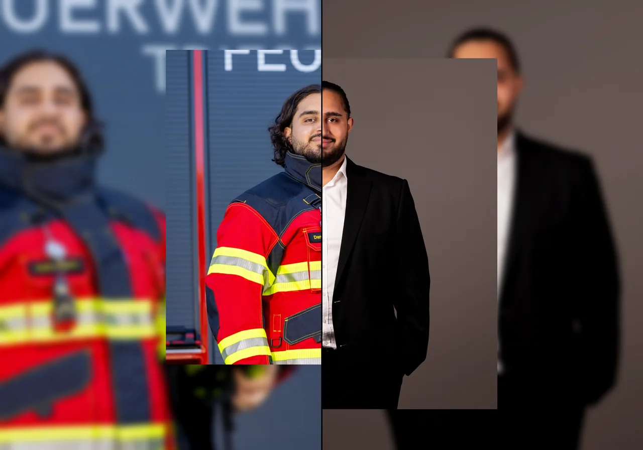 Danial Shiekho als Feuerwehrmann und im Business-Anzug, ohne Helm