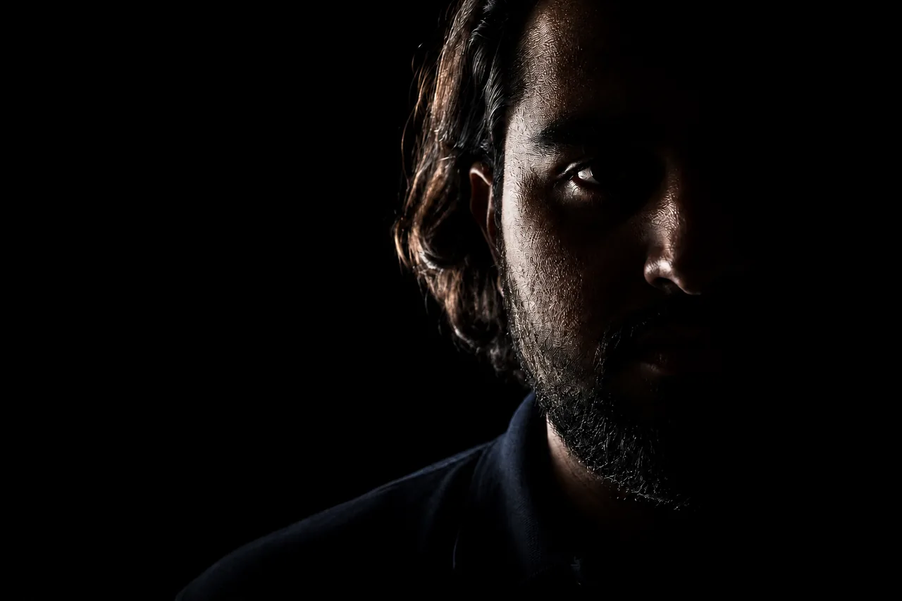 Danial Shiekho, close, half in shadow